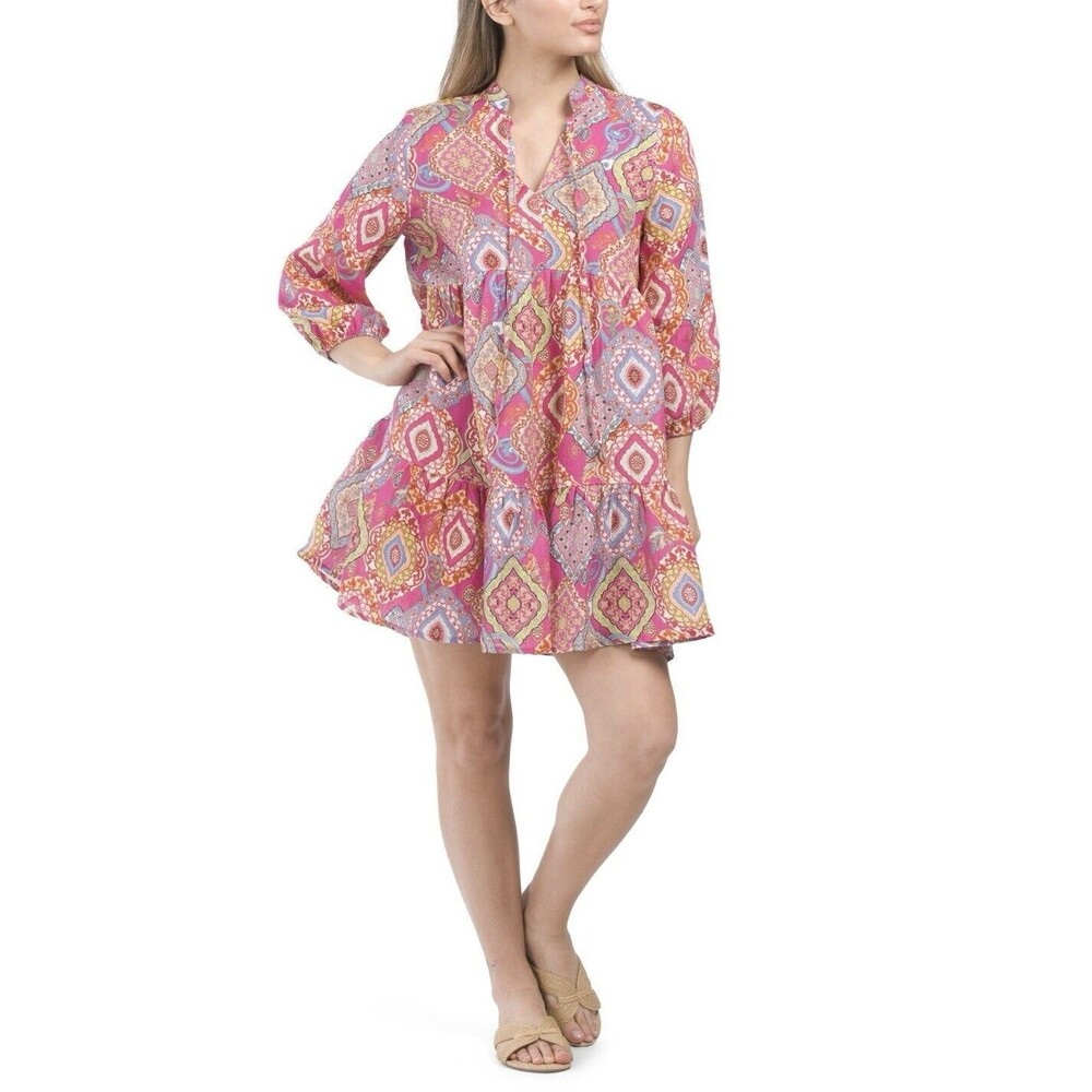 Le Ragazze Paisley 100% Linen Mini Dress Made In Italy Size XL